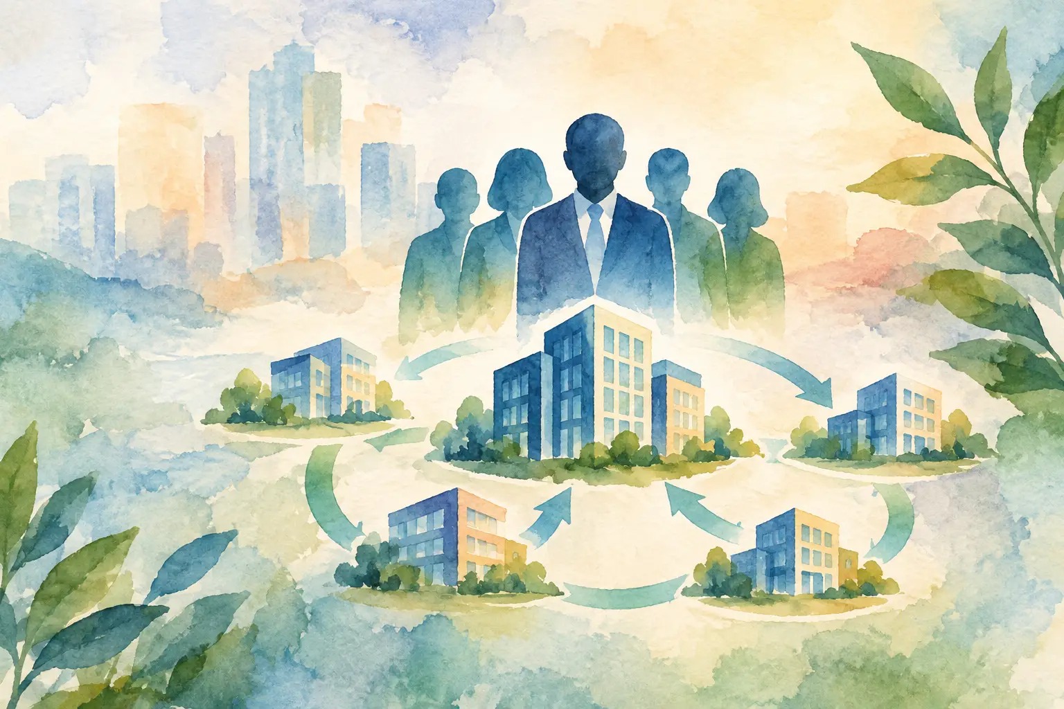 Ilustração em aquarela de um grupo de empresas conectadas por setas ao redor de um edifício central, representando a reorganização de um grupo econômico